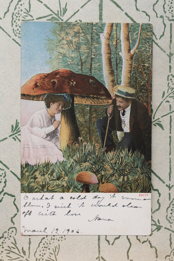 Mushroom Lovers II - Antique Surreal Postcard